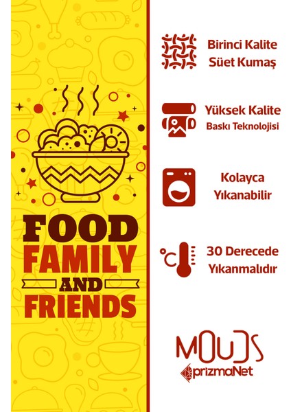 Süet Kumaş Family Food Yemek Desenli Mutfak Önlüğü, Aşçı Önlüğü, Garson Önlüğü