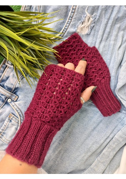 Trendy Bordo Parmaksız Eldiven