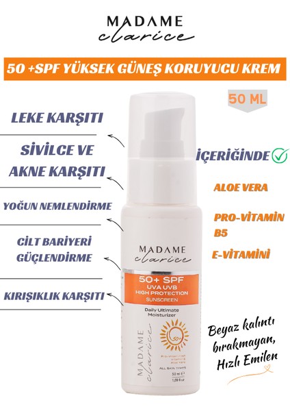 Güneş Kremi Yüksek Koruma SPF50 +Aloe Vera +Vitamin E + Pro B5 Vitamin