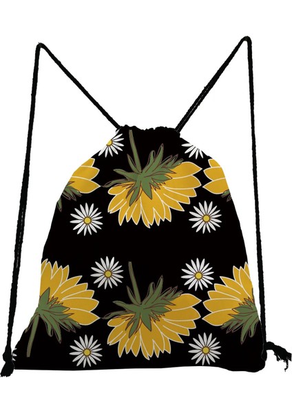 SK0429 Tarzı Oldukça Siyah Sırt Çantası Ayçiçeği Baskılı Ipli Çanta Moda Kitap Çantası Taşınabilir Saklama Çantası Büyük Kapasiteli Ayakkabı Çantası Okula (Yurt Dışından)