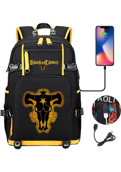 No.11 Tarzı Sıcak Siyah Yonca Sırt Çantası Genç Erkek Kız Okul Çantası Çok Fonksiyonlu USB Şarj Çantası Unisex Seyahat Laptop Çantası Sırt Çantası Mochila (Yurt Dışından)