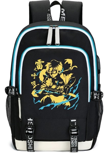 Siyah2 Tarzı Iblis Avcısı Shinazugawa Sanemi Anime Kimetsu No Yaiba Seyahat Sırt Çantaları Açık Spor Okul Çantası USB Şarj (Yurt Dışından)