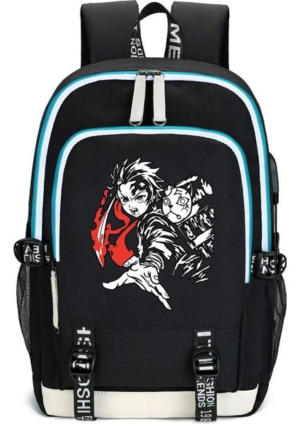 Siyah1 Tarzı Iblis Avcısı Shinazugawa Sanemi Anime Kimetsu No Yaiba Seyahat Sırt Çantaları Açık Spor Okul Çantası USB Şarj (Yurt Dışından)