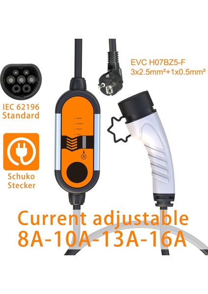 Type2 IEC62196-2 8A-16A Taşınabilir Elektrikli Araba Ev Şarj Cihazı Istasyonu Altın