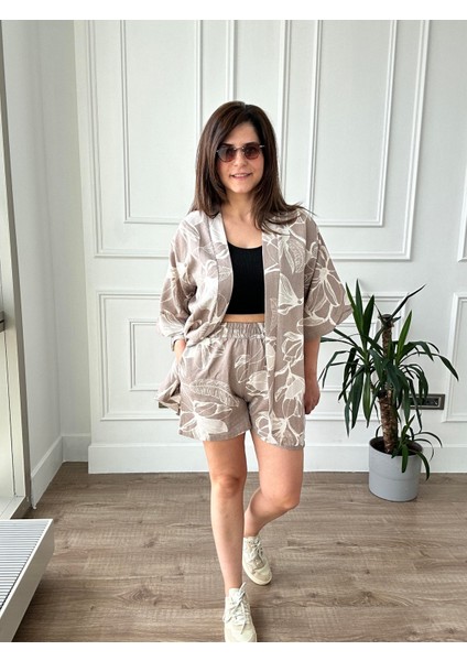Kahverengi Çiçek Desenli Kimono Şort Takım
