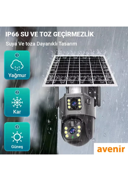 AV-M12 4g Sim Kartlı 4mp 2 Kameralı Solar Panelli Güneş Enerjili Ptz 360° Dönebilen Kamera