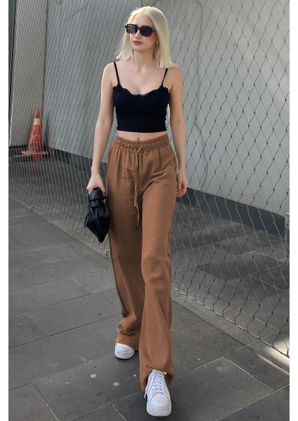 Kahverengi Bol Paça Müslin Kadın Pantolon Rahat Kullanım İçin