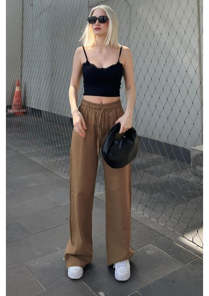 Kahverengi Bol Paça Müslin Kadın Pantolon Rahat Kullanım İçin fiyatları