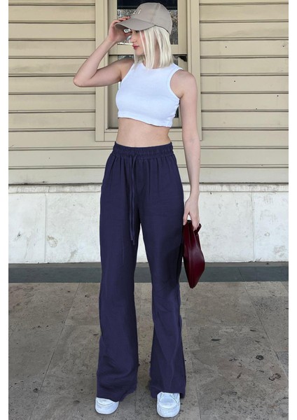 Kadın Lacivert Bol Paça Müslin Pantolon MG1980 Rahat ve Şık Tasarım