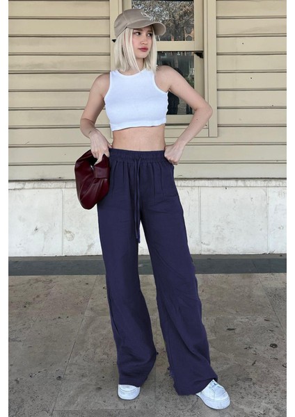 Kadın Lacivert Bol Paça Müslin Pantolon MG1980 Rahat ve Şık Tasarım fiyatları