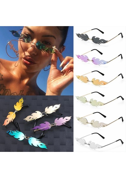 No.10 Tarzı 2021 Moda Ateş Alev Güneş Gözlüğü Dalga Çerçevesiz Dar Retro Uv Treetwear Vintage Gözlük Bisiklet Dış Mekan Aksesuarı (Yurt Dışından) modelleri