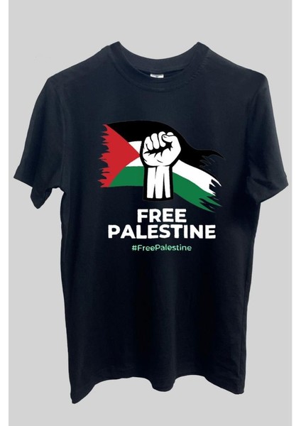 %100 Pamuk Standart Kesim Sıfır Yaka Kısa Kollu Filistin Baskılı Siyah T-Shirt