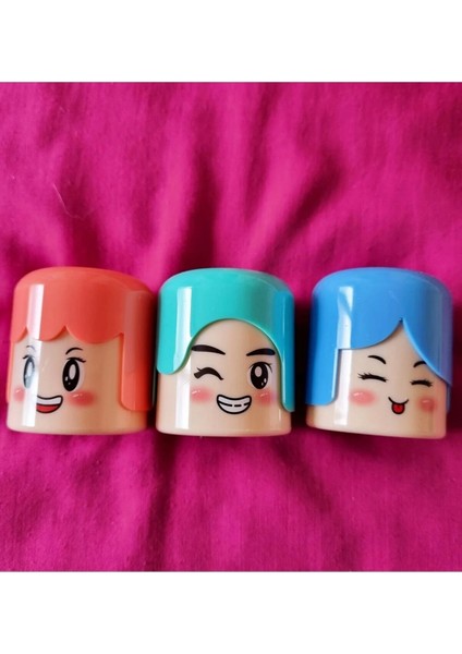 3'lü 3 Farklı Renkte Başlıklı Face Emoji Ikili Silindir Kalemtıraş