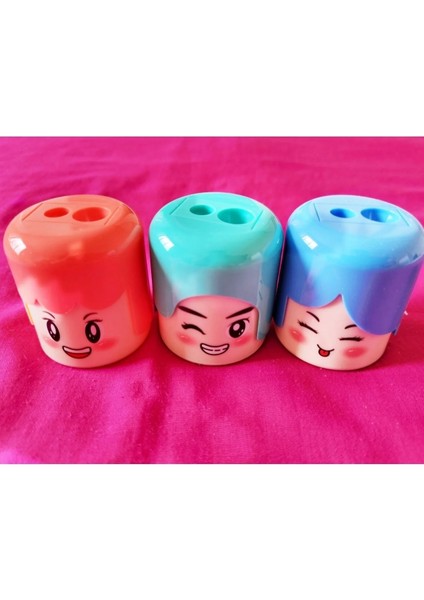 3'lü 3 Farklı Renkte Başlıklı Face Emoji Ikili Silindir Kalemtıraş fiyatları