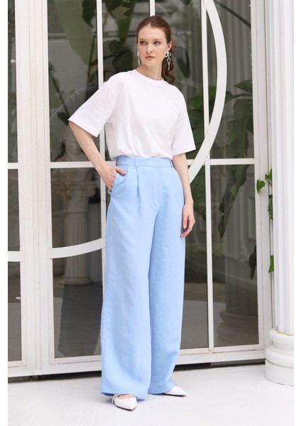 Çizgili Geniş Paça Modal Pantolon Bebe Mavi indirimleri