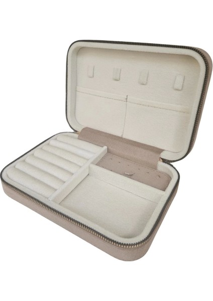 Fermuarlı Deri (Ahşap Kasalı )Büyük Boy Takı, Seyahat ve Mücevher Çantası Vizon Süet (14 x 21 cm)