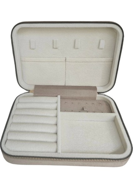 Fermuarlı Deri (Ahşap Kasalı )Büyük Boy Takı, Seyahat ve Mücevher Çantası Vizon Süet (14 x 21 cm) fiyatları