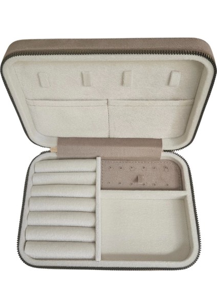 Fermuarlı Deri (Ahşap Kasalı )Büyük Boy Takı, Seyahat ve Mücevher Çantası Vizon Süet (14 x 21 cm) fırsatları