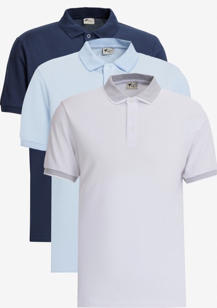 Erkek Beyaz-Lacivert-Açık Mavi 3'lü Çekmeyen Pamuklu Slim Fit Dar Kesim Kıvrılmaz Polo Yaka Tişört