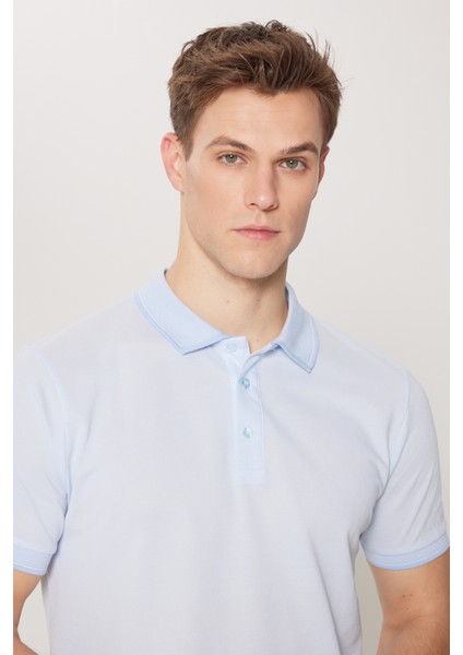 Erkek Beyaz-Lacivert-Açık Mavi 3'lü Çekmeyen Pamuklu Slim Fit Dar Kesim Kıvrılmaz Polo Yaka Tişört