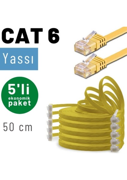 Irenıs 5 Adet 50 cm Cat6 Kablo Yassı Ethernet Network Lan Ağ Internet Kablosu