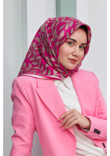 Pembe Yaprak Desenli Tivil Ipek Eşarp 11397-12