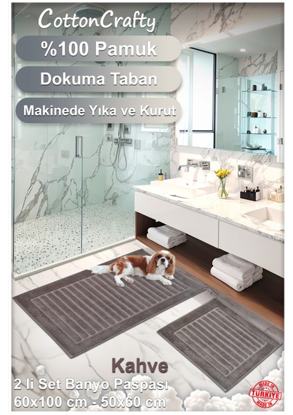 %100 Pamuk Dokuma Banyo Paspas Seti, Banyo Halısı Şeritli 60X100 - 60X50