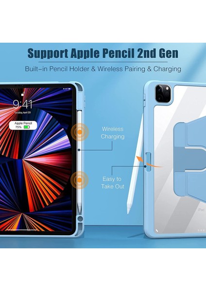 Apple Ipad Pro 11 (2022) 4. Nesil 360° Dönebilen Kalem Şarjına Uygun Yatay ve Dikey Standlı Kalemlikli Ninex Smart Kılıf A2759 A2761 A2435 A2762
