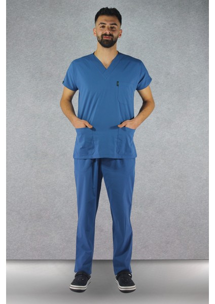 Çınar Üniforma - Likralı V-Yaka Erkek Takım Üniforma - Indigo Mavisi