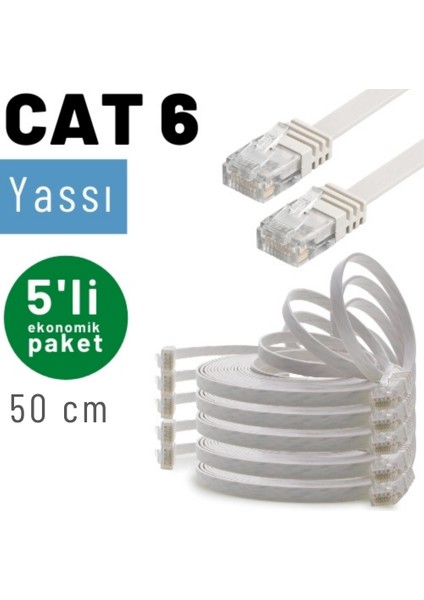 Irenıs 5 Adet 50 cm Cat6 Kablo Yassı Ethernet Network Lan Ağ Internet Kablosu