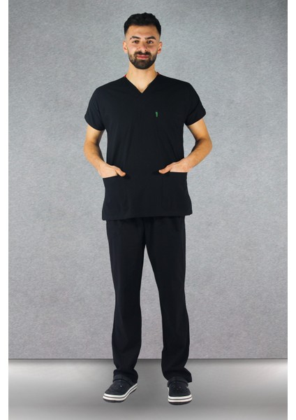 Çınar Üniforma - Likralı V-Yaka Erkek Takım Üniforma - Siyah