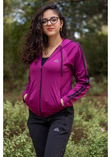 Kadın Mürdüm Iki Şeritli Biyeli Fermuarlı Kapüşonlu Spor Eşofman Takımı 21KESTAX11