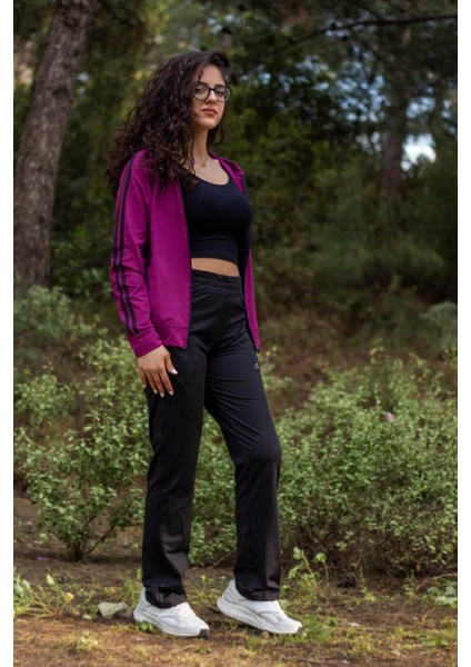 Kadın Mürdüm Iki Şeritli Biyeli Fermuarlı Kapüşonlu Spor Eşofman Takımı 21KESTAX11 modelleri