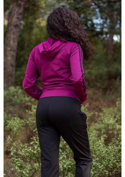 Kadın Mürdüm Iki Şeritli Biyeli Fermuarlı Kapüşonlu Spor Eşofman Takımı 21KESTAX11 fırsatları