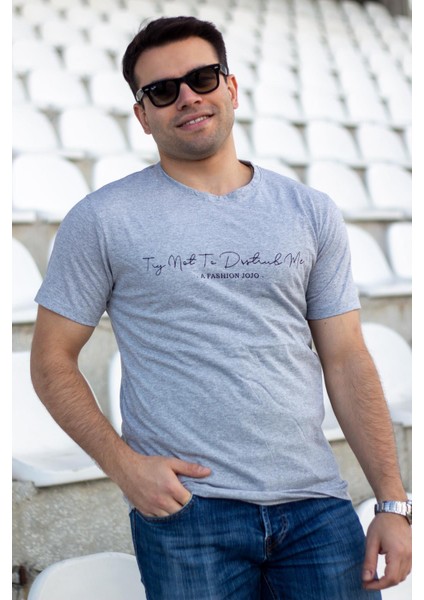 Erkek Gri El Yazısı Imza Baskı Normal Kesim Bisiklet Yaka Erkek T-Shirt 22ETSHEYAZ