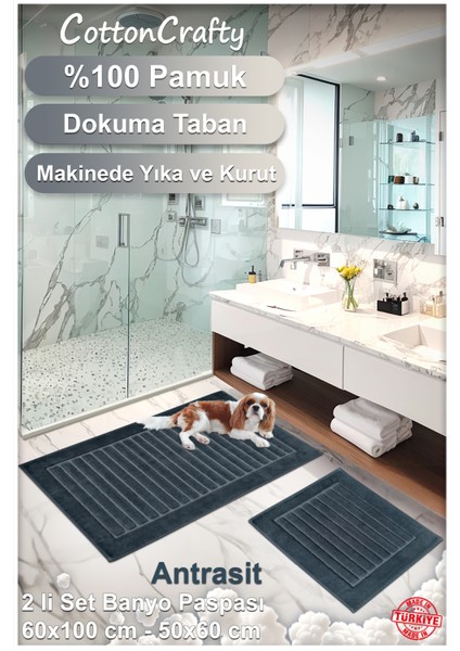 Cotton Crafty %100 Pamuk Dokuma Banyo Paspas Seti, Banyo Halısı Şeritli 60X100 - 60X50