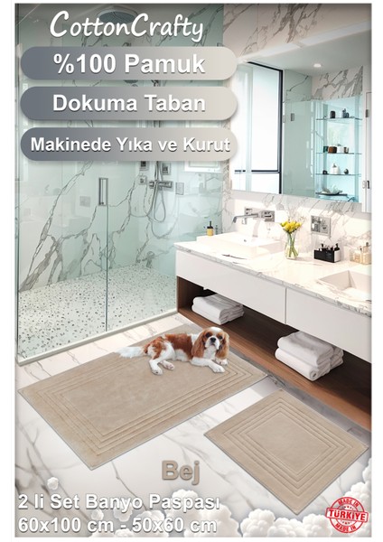 Cotton Crafty %100 Pamuk Dokuma Banyo Paspas Seti, Banyo Halısı Vera 60X100 - 60X50