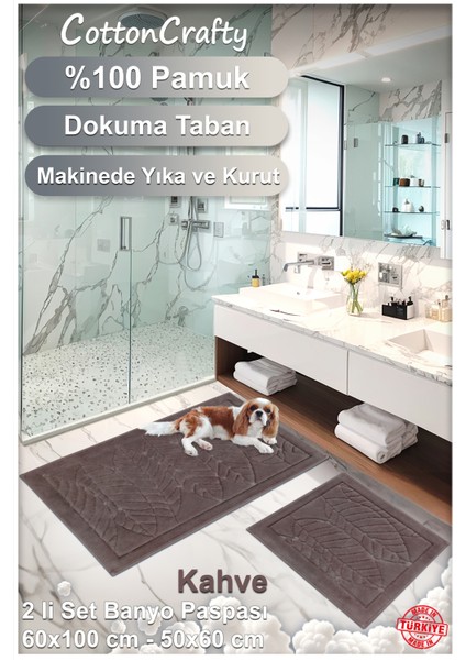 %100 Pamuk Dokuma Banyo Paspas Seti, Banyo Halısı Yaprak 60X100 - 60X50