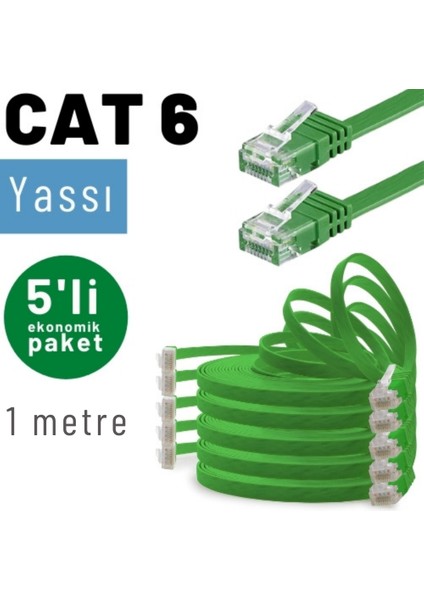 Irenıs 5 Adet 1 Metre Cat6 Kablo Yassı Ethernet Network Lan Ağ Internet Kablosu