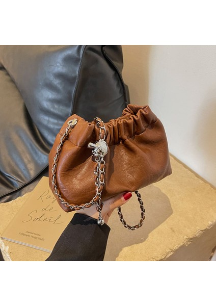 Kadın Çantası Moda Düz Renk Çanta Zarif Zincir Tasarım Omuz Crossbody Kova Çantası (Yurt Dışından)