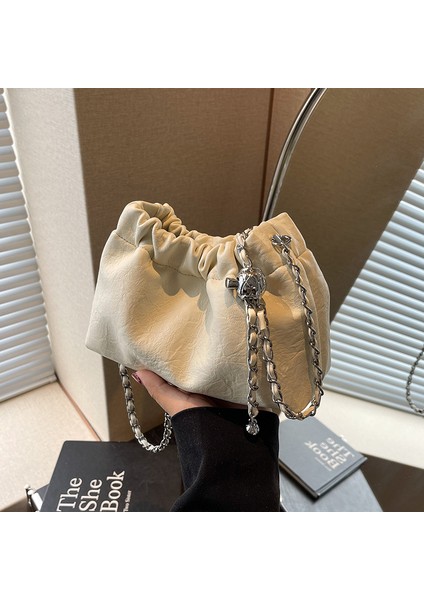 Kadın Çantası Moda Düz Renk Çanta Zarif Zincir Tasarım Omuz Crossbody Kova Çantası (Yurt Dışından)