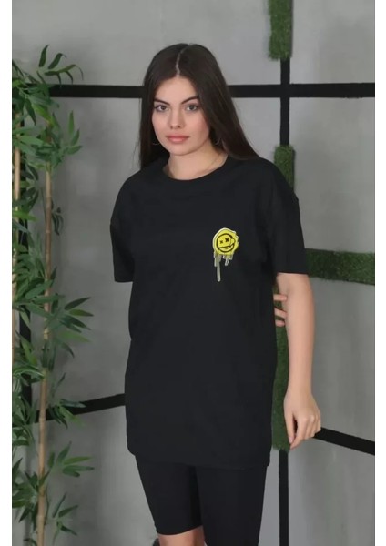 Unisex Bisiklet Yaka Baskılı Oversize T-Shirt - Siyah