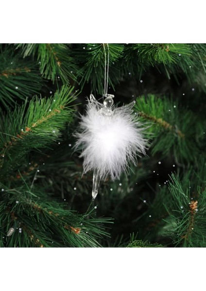 Yılbaşı Çam Ağaç Süs Cam Peri Figür Ürün 4X12CM Hediyelik Eşya Şeffaf Beyaz Renk Tüylü 1 Adet