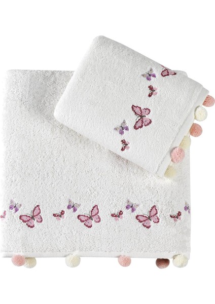 Sıla Ponponlu Penye 2'li Banyo Havlu Seti (50*90+70*140) Kelebek Desen - Ekru