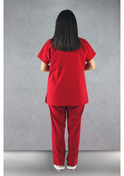 - Likralı V-Yaka Kadın Takım Üniforma - Kırmızı modelleri