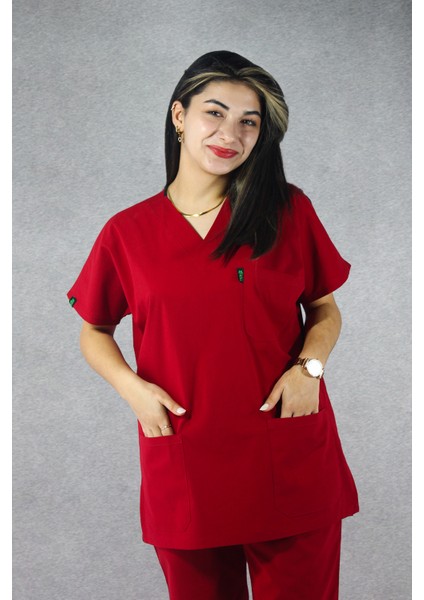 - Likralı V-Yaka Kadın Takım Üniforma - Kırmızı fırsatları