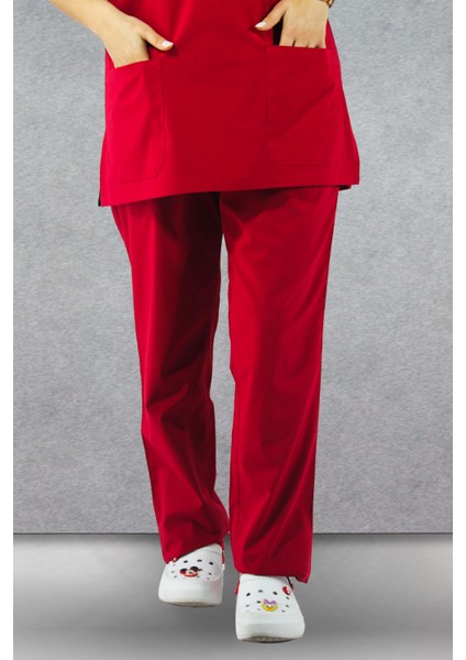 - Likralı V-Yaka Kadın Takım Üniforma - Kırmızı indirimleri