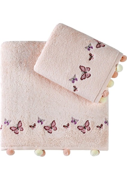 Sıla Ponponlu Penye 2'li Banyo Havlu Seti (50*90+70*140) Kelebek Desen - Pembe