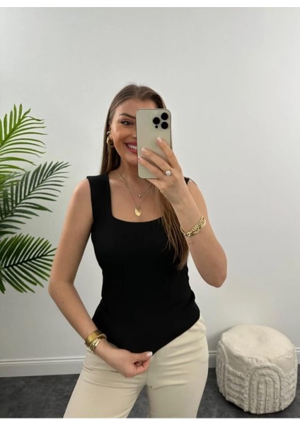 Standart Beden Kalın Askılı S/m/l/xl Uyumlu Yazlık İnce Triko Kadın Siyah Bluz