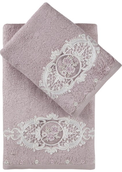 Flora Bambu Güpürlü 2'li Banyo Havlu Set (50*90+70*140) - Lila